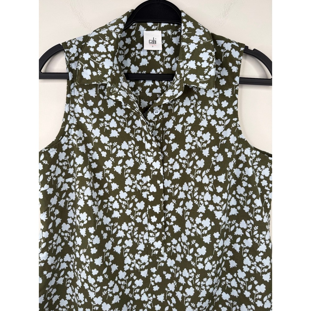 Cabi Womens S Sleeveless Floral Blouse Olive Green Blue Half Placket Style 3614